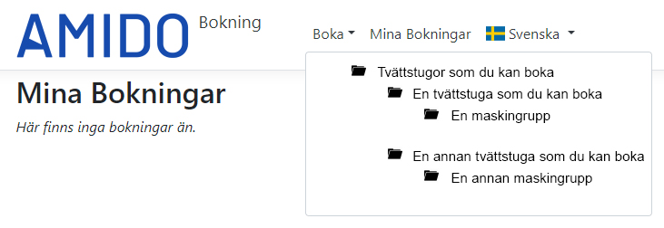 Skärmdump som visar bokningssystemet Amidos gränssnitt med en rubrikrad där rubriken Boka ligger först