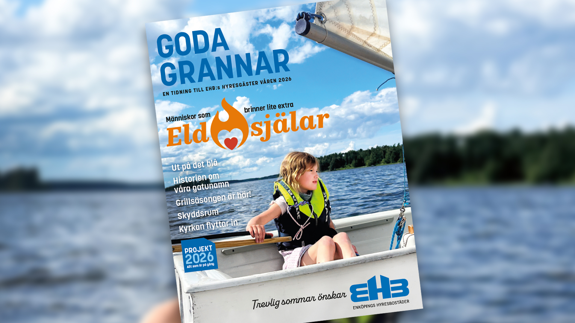 Tidningens framsida med en ung tjej som styr en båt