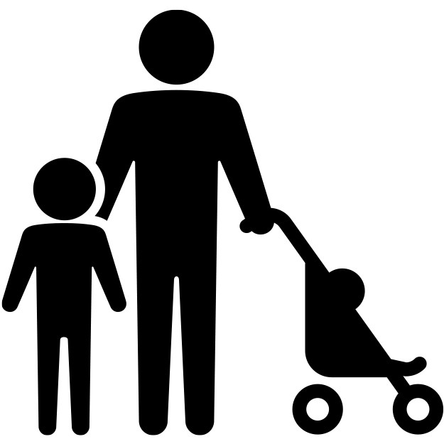 Ikon som symboliserar en vuxen med två barn varav ett barn sitter i en barnvagn