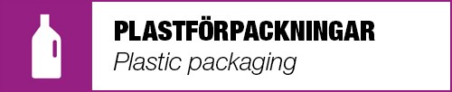 Lila skylt med ikon för förpackning med texten plastförpackningar, plastic packaging