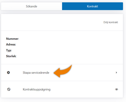 Skärmdump på funktionen Skapa serviceärende under fliken Kontrakt på Mina sidor