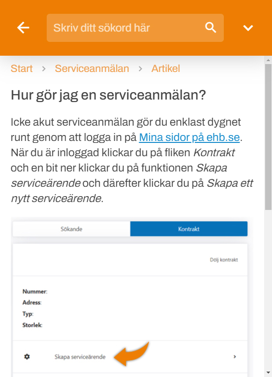 Skärmdump på funktionen Frågor & Svar. Visar artikeln "Hur gör jag en serviceanmälan?"