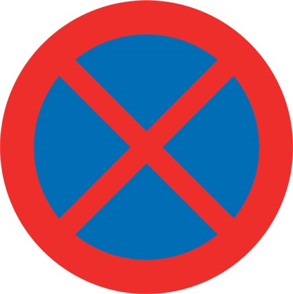 Vägskylt förbud att stanna och parkera. Röd cirkel med ett kryss mot blå bakgrund