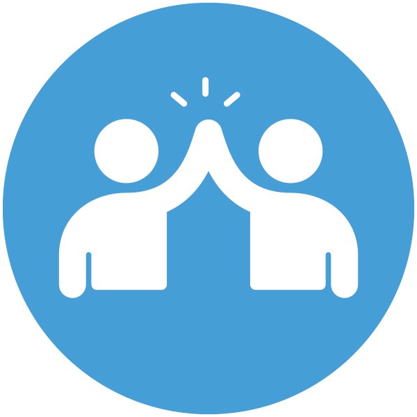 Ikon med blå cirkulär bakgrund och två personer i vitt som gör high five