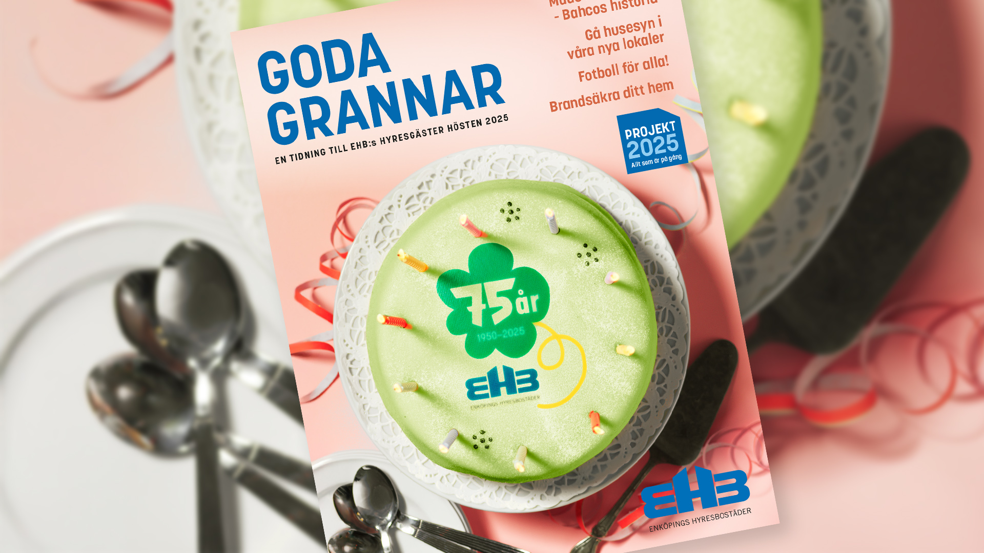 Omslaget för tidningen Goda Grannar, med ett foto på en marsipantårta