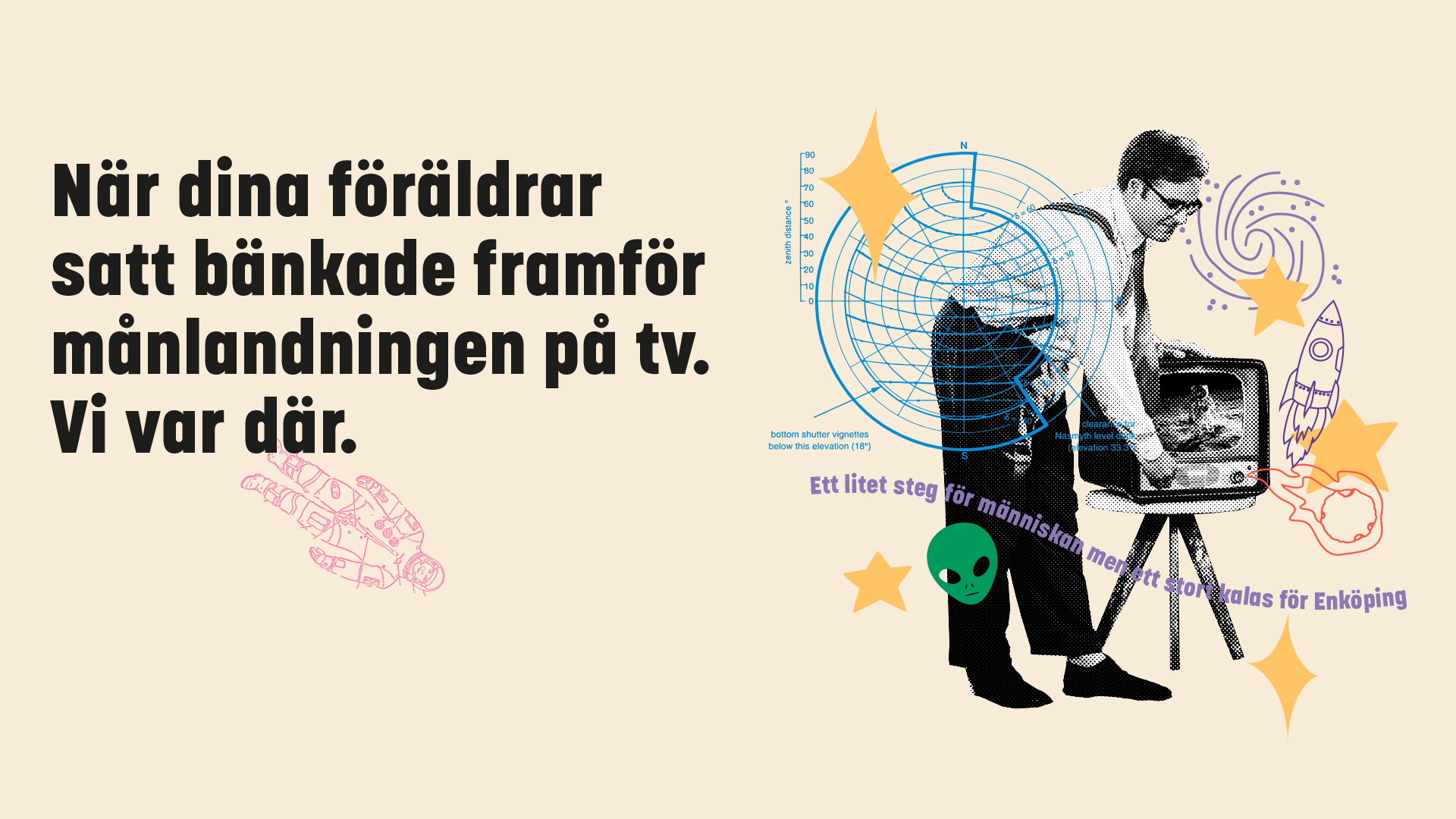 En man som ställer in kanal på en gammal tv. Text När dina föräldrar satt bänkade framför månlandni