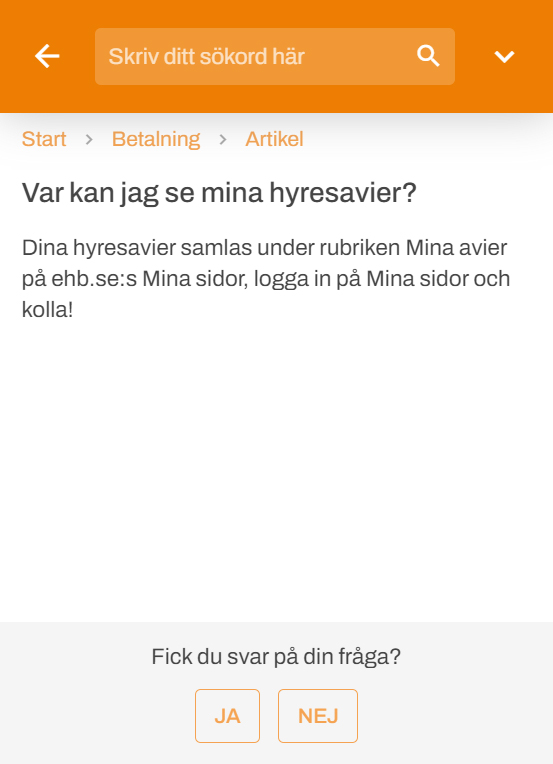Skärmdump på funktionen Frågor & Svar. Visar artikeln "Var kan jag se mina hyresavier?"