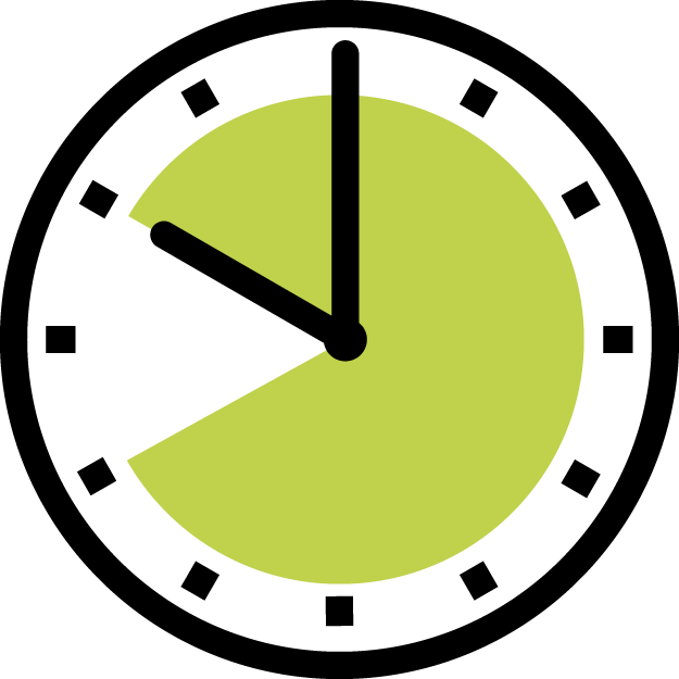 Klocka som med grön färg mellan klockan 10:00 och klockan 20:00. Svarta visare som visar klockan 10:00.