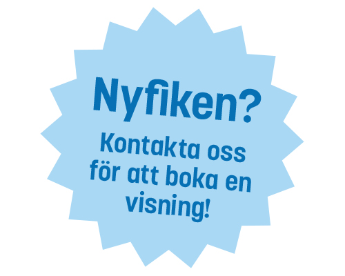 En ljusblå flertaggig stjärna med texten: Nyfiken? Kontakta oss för att boka en visning!